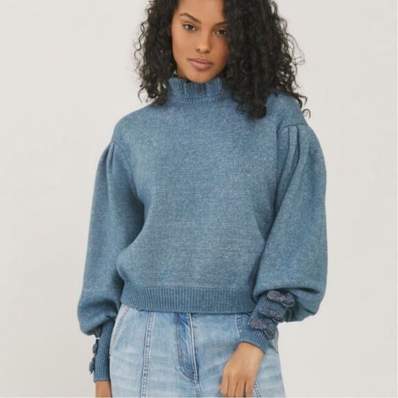 Something Navy Hattie blue ruffle mockneck bow cuff sleeve knit sweater top - Picture 1 of 12